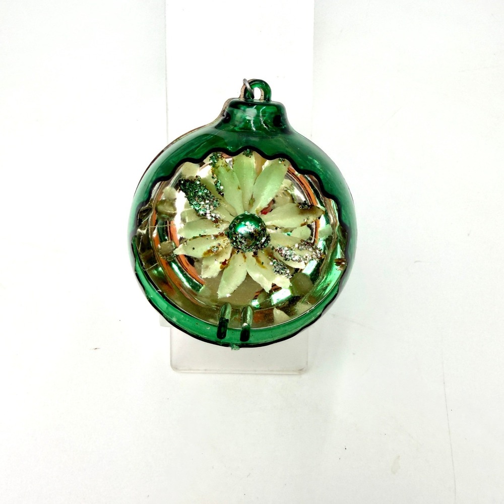 Jewelbrite Green Glass Diorama Christmas Ornament Flower Indent Mid-Century